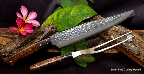240mm Hammered hand-forged carving knife and fork from Salter Fine Cutlery