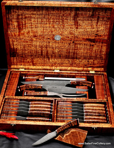 16-piece combination steak knife and carving knife set featuring 240mm and 270mm carving knives with extra-decorative carved handles in a beautiful heirloom quality presentation box by Salter Fine Cutlery