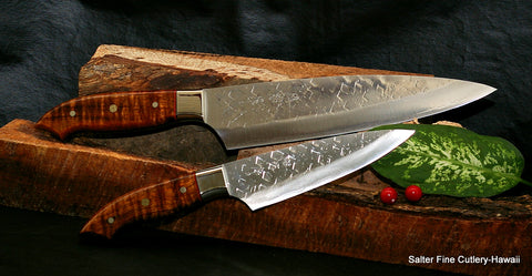 2-piece chef knife set featuring x-pattern hammered finish 210mm and 135mm blades from Salter Fine Cutlery