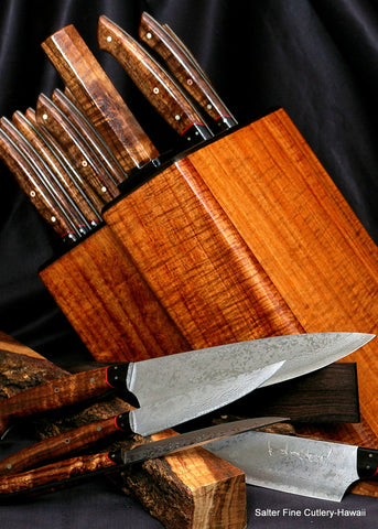 large chef and steak knife set with koa wood handles and matching knife block by Salter Fine Cutlery