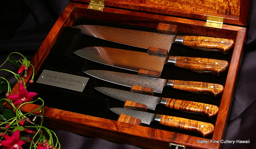 Boxes set of handmade chef knives unique heirloom wedding gift in a presentation box from Salter Fine Cutlery