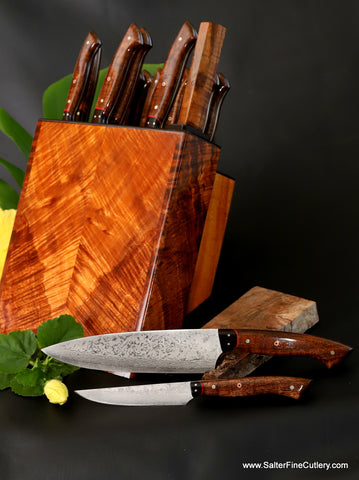 19-piece chef knife set with curly koa wood handles and knife block by Salter Fine Cutlery luxury kitchenware from Hawaii