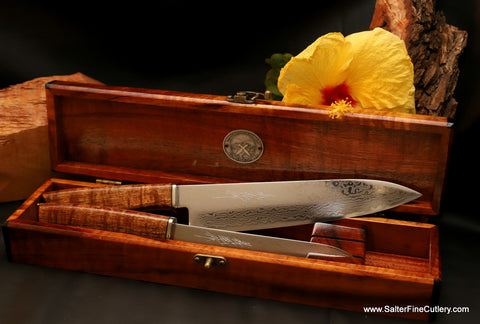 Affordable luxury gift with this 2-piece handmade mirror damascus kitchen knife set in box by Salter Fine Cutlery