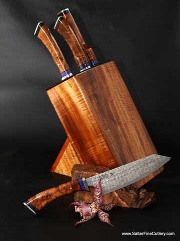 4-piece custom luxury chef knife set handcrafted in Hawaii with matching knife block by Salter Fine Cutlery