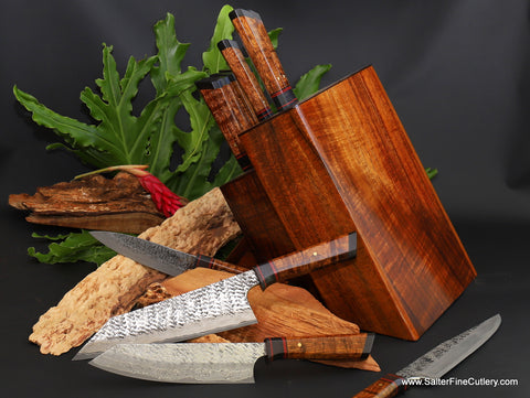 Custom handcrafted VillageForge collection chef and steak knife set with knife block by Salter Fine Cutlery of Hawaii