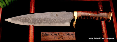 Collectible collaboration chef knife by Salter Fine Cutlery and Kiku Matsuda with Kiku's famous pattern handmade exclusively for Salter Fine Cutlery