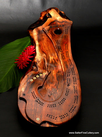 Custom handcrafted live-edge curly koa wood cribbage board by Salter Fine Cutlery and Woodworking of Hawaii