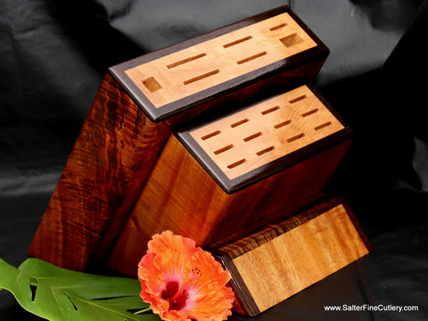 Custom knife block to hold client 19-piece steak and chef set handcrafted of rare Hawaiian curly koa wood by Salter Fine Cutlery