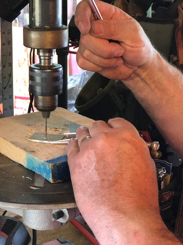 Early stages in the making of a 2-piece chef knife set. Every process made by hand.