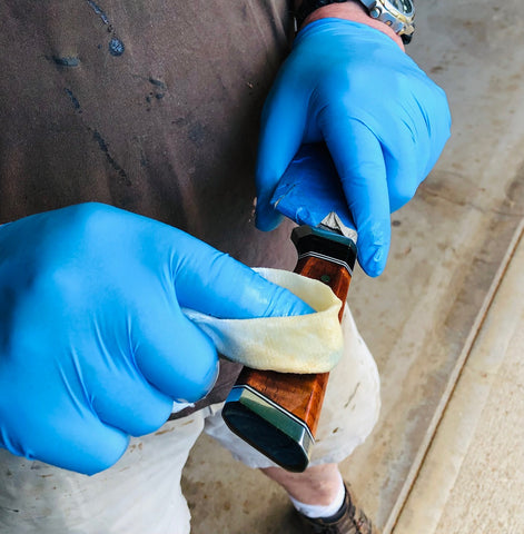 Adding new sealers to a chef knife handle SalterFineCutlery in the workshop