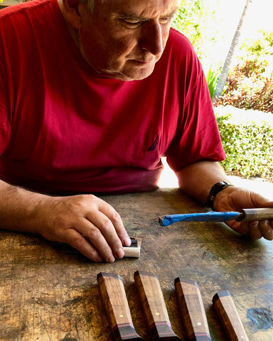 Gregg checking constantly checking and inspecting handle during construction luxury steak knives by Salter Fine Cutlery