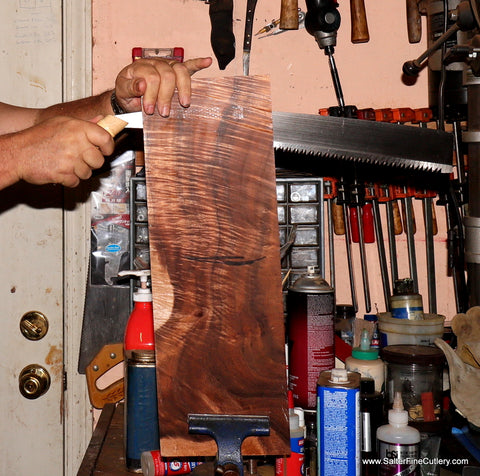 Hand-sawing a piece of curly koa wood to make a lid for a presentation box Salter Fine Cutlery