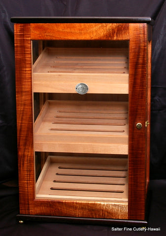 Custom Display Humidor with curly koa wood and glass sides by Salter Fine Cutlery of Hawaii