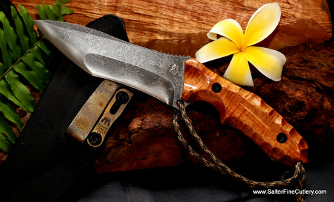 125mm hunting knife Salter-Kiku collaboration handcrafted curly koa wood handle by Salter Fine Cutlery