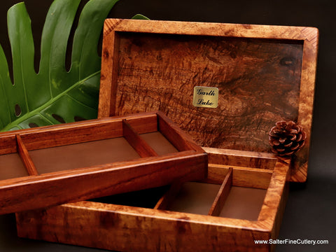 Mens extra large valet box with 2 removeable leather lined trays shown with removeable lid by client request custom boxes by Salter Fine Cutlery and woodworking