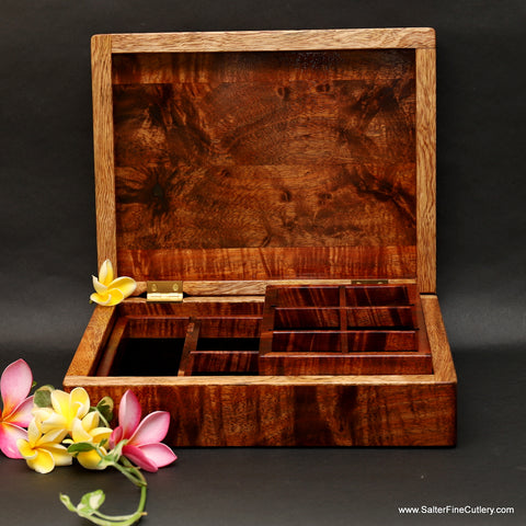 Handcrafted jewelry box curly Hawaiian koa wood with mango trim from Salter Fine Cutlery