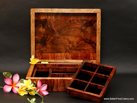 Jewelry Box with 1 full tray and sliding half top tray, size medium-large curly Hawaiian koa wood with mango trim by Salter Fine Cutlery and Custom Woodworking