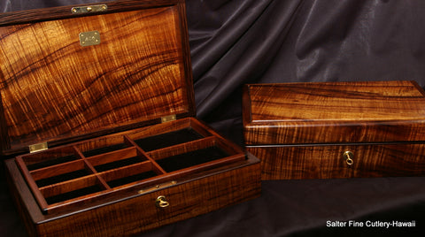 Pair of handcrafted XL Men's Jewelry boxes of exotic curly Hawaiian koa wood with ebony trim and gold-plated locking catch by Salter Fine Cutlery
