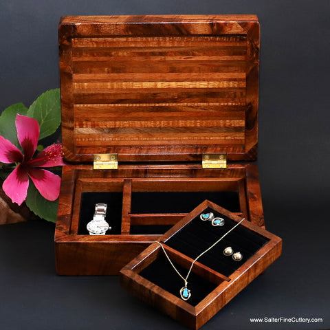 Handcrafted medium size jewelry box curly koa wood by Salter Fine Cutlery and fine woodworking
