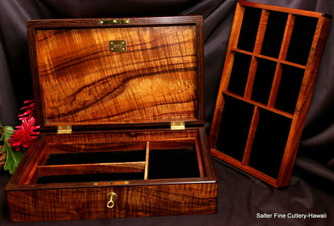 Mens Custom XL jewelry box with 2 removable trays and hidden storage area handmade in Hawaii by Salter Fine Cutlery