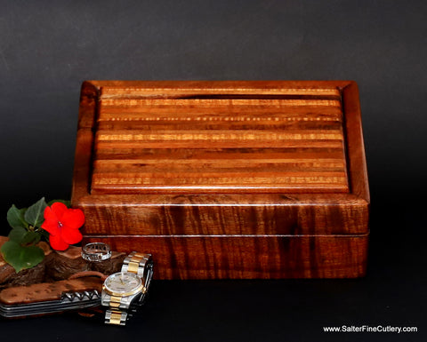 Handcrafted Mens valet or jewelry box Hawaiian koa wood by Salter Fine Cutlery and custom woodworking