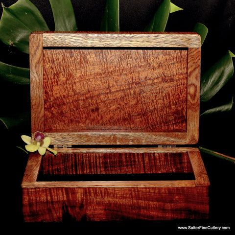 Ladies small treasures handmade rare curly koa wood box with mango lid trim by Salter Fine Cutlery and custom woodworking of Hawaii