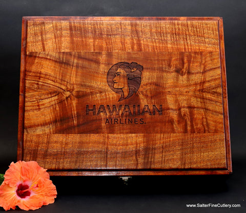 Custom keepsake box for corporate event with engraved logo handcrafted in Hawaii by SalterFineCutlery and fine woodworking