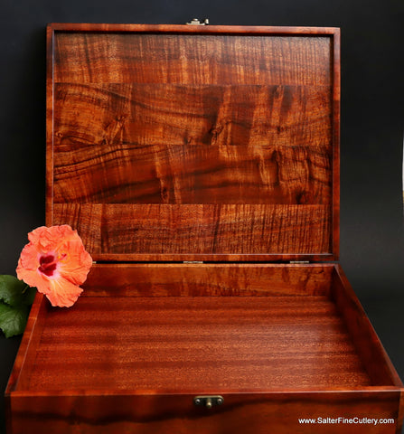 Handcrafted custom keepsake boxes made-to-order by Salter Fine Cutlery of rare Hawaiian curly koa wood