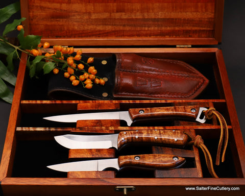 3-pc Outdoorsman's Hunting & Fishing knife set with trousse sheath in keepsake box by Salter Fine Cutlery
