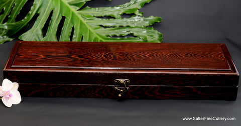 Handcrafted wenge wood presentation box to hold a 14-piece steak knife set by Salter Fine Cutlery