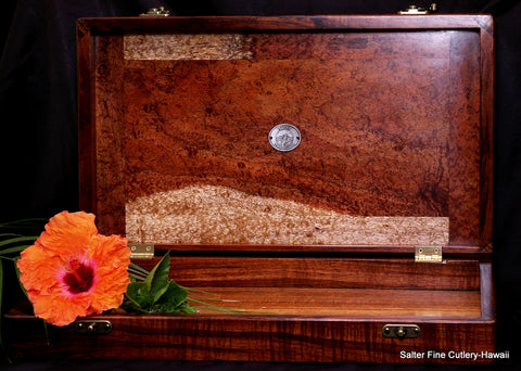 custom presentation display box with solid curly koa lid fine woodworking by Salter Fine Cutlery of Hawaii