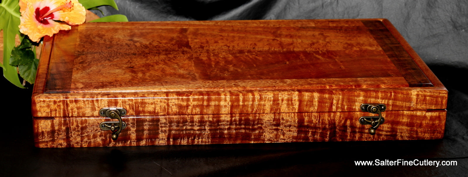 Custom handcrafted reclaimed curly Hawaiian koa wood presentation box by Salter Fine Cutlery