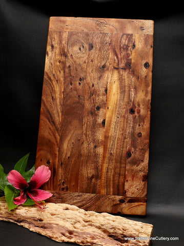 Long slender serving board or table decoration of curly Hawaiian koa wood by Salter Fine Cutlery and custom woodworking