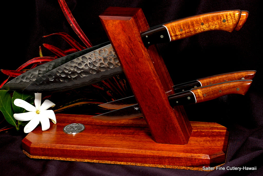 Small Chef and steak knife set in side-by-side tower stand