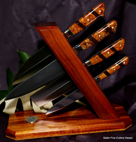Handcrafted tower stand to hold a 4-piece Salter Fine Cutlery chef knife set
