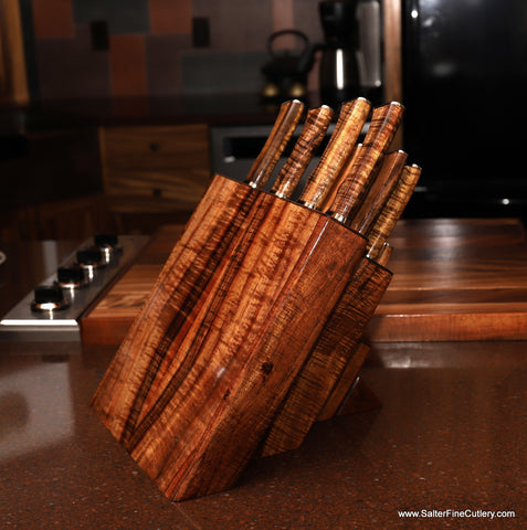 Beautiful large chef knife set with knife block handcrafted by Salter Fine Cutlery of exotic woods for luxury gourmet kitchens