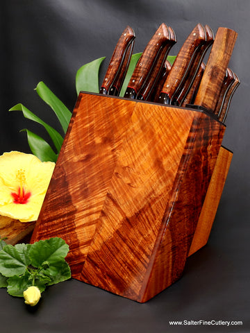 Custom chef knife set in curly Hawaiian koa wood knife block handcrafted by Salter Fine Cutlery