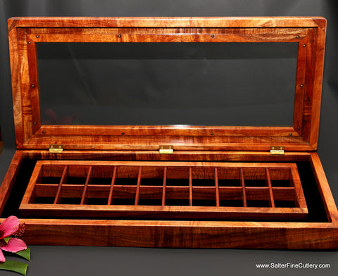 Custom display box to hold 20 luxury watches with glass display lid handcrafted by Gregg Salter of Salter Fine Cutlery