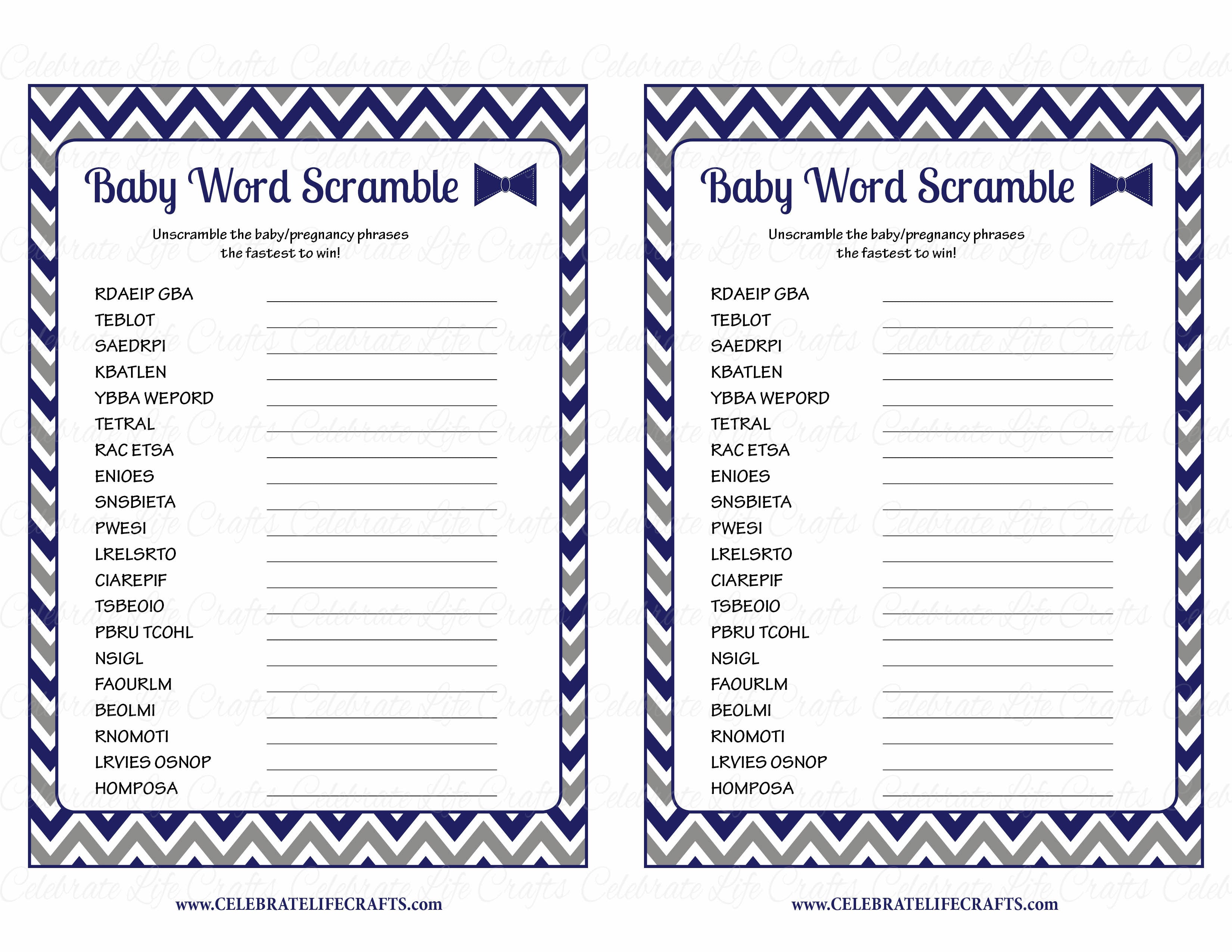 Word Scramble Baby Shower Game - Little Man Baby Shower Theme for Baby Boy - Navy Gray ...