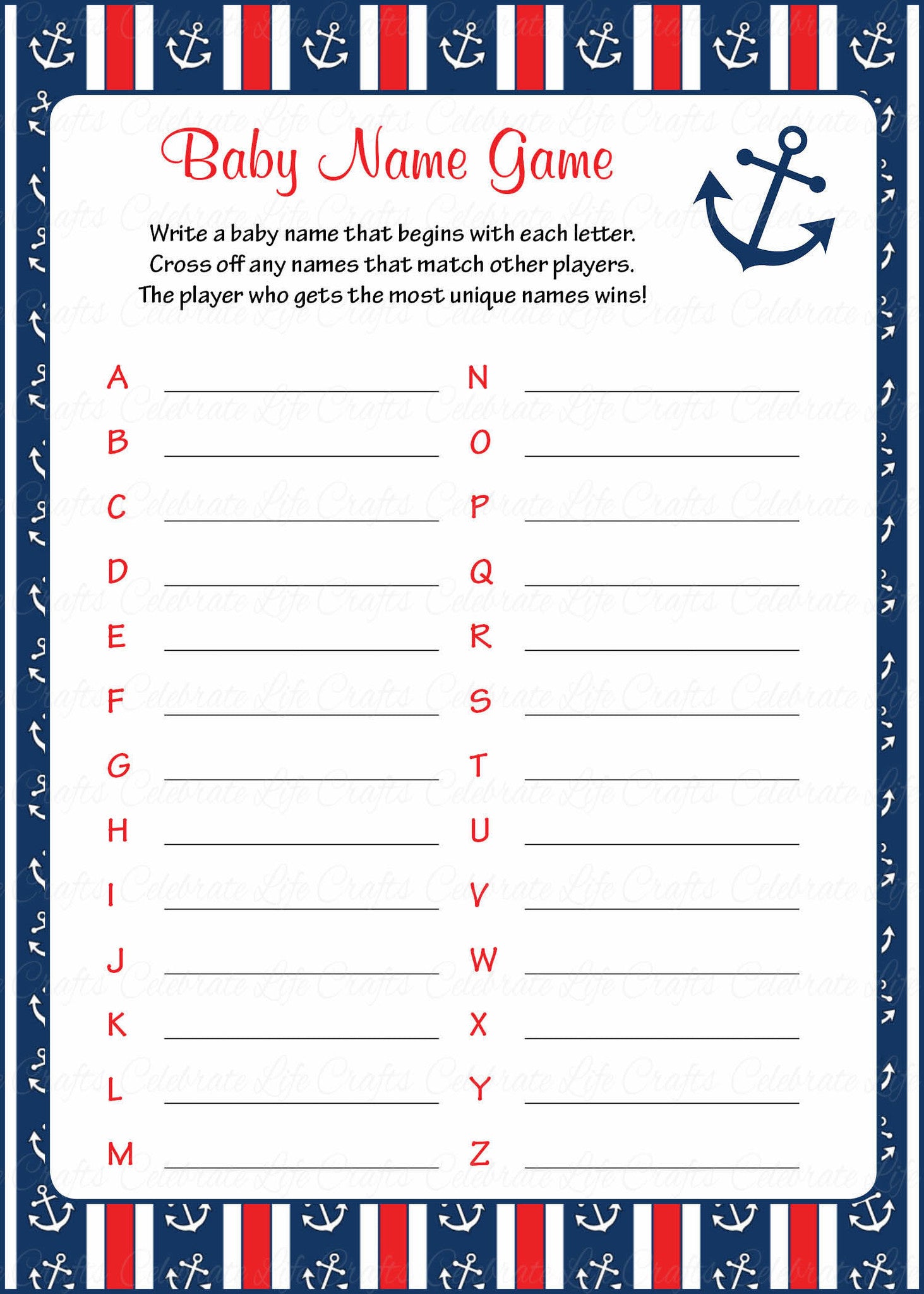 Baby Name Baby Shower Game Nautical Baby Shower Theme For Baby Boy Navy Celebrate Life Crafts