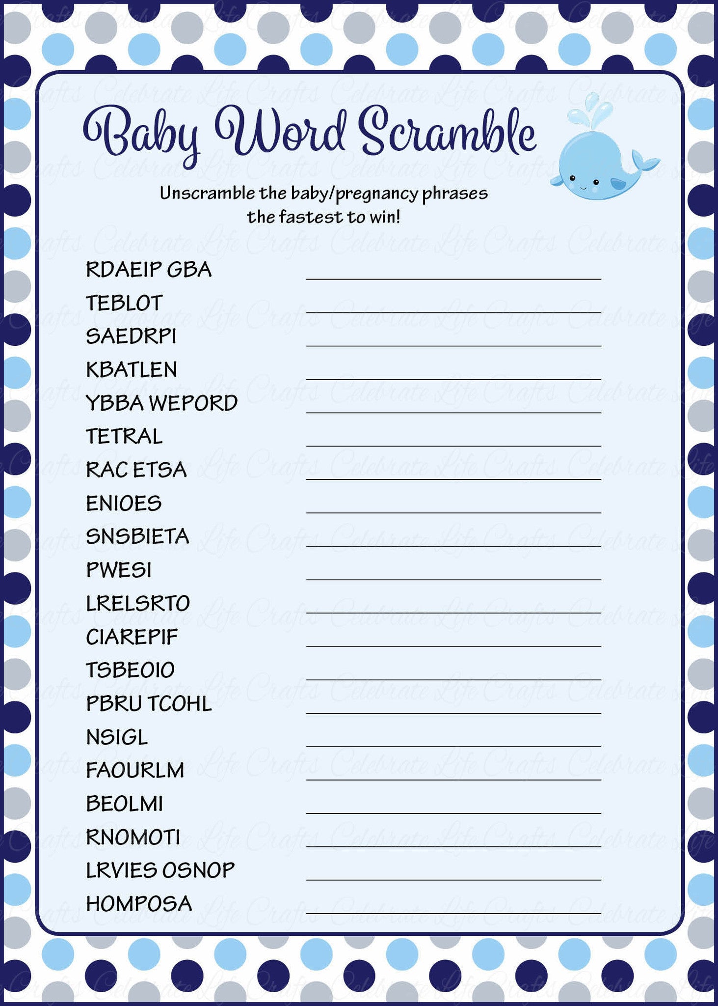 Word Scramble Baby Shower Game Whale Baby Shower Theme For Baby Boy