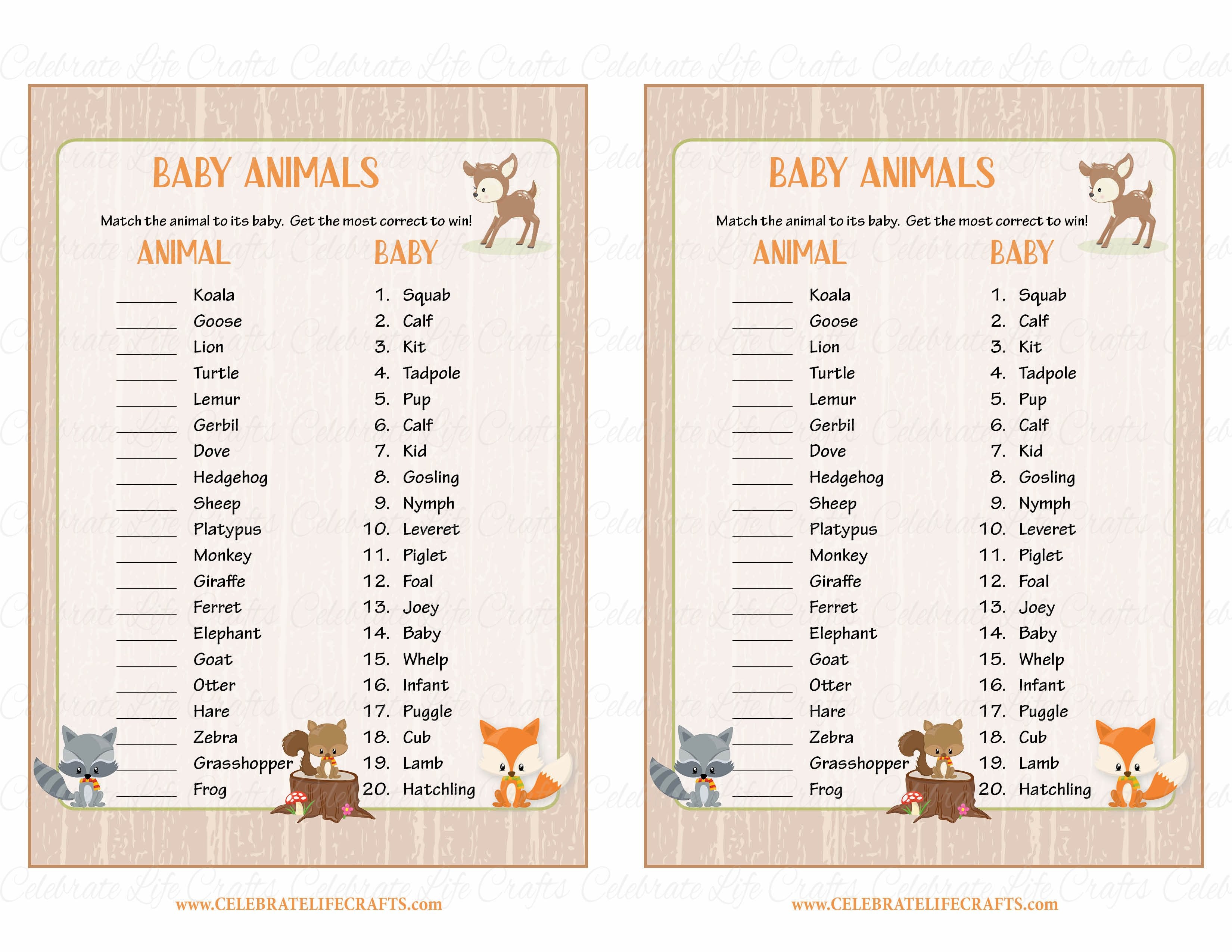 baby animal match answers