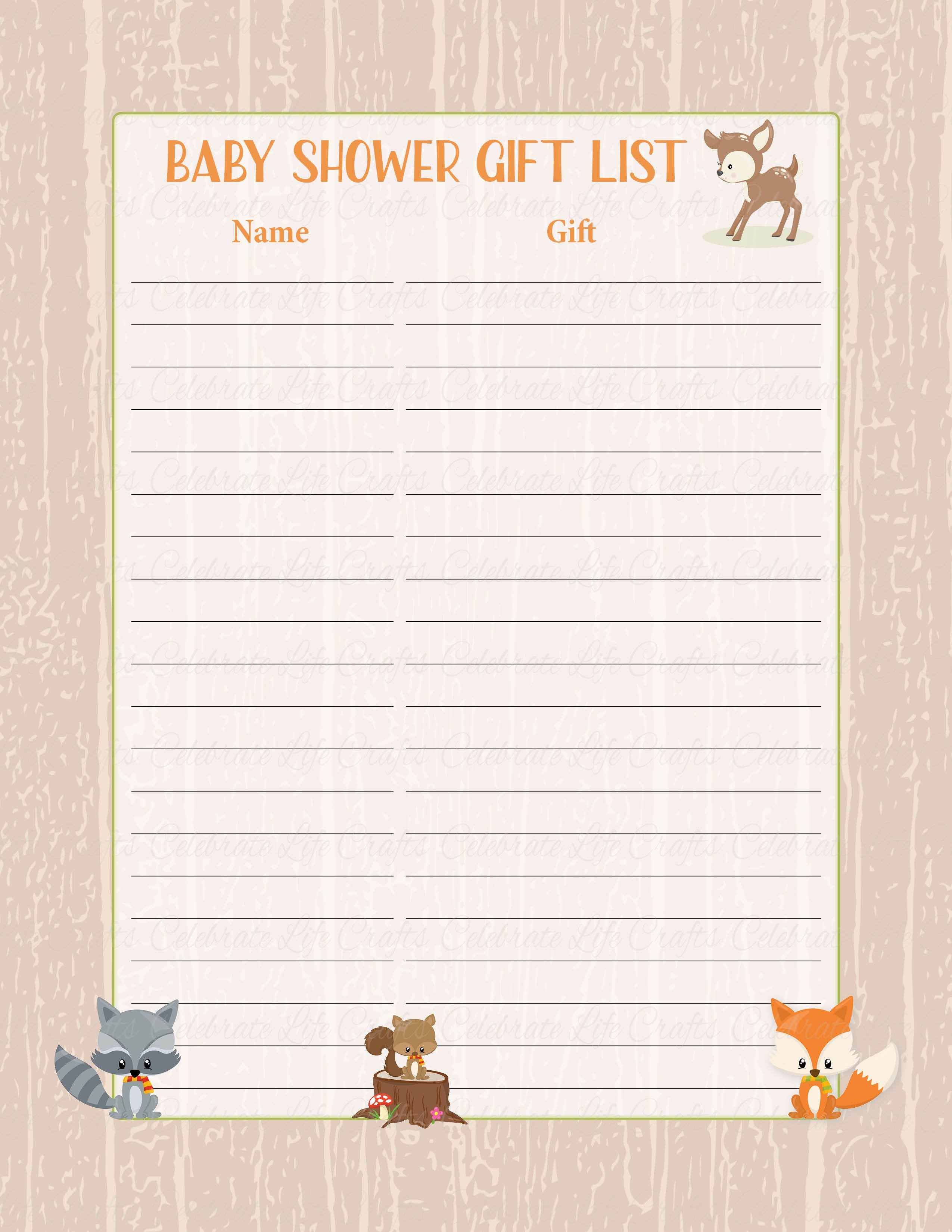 Baby Shower Gift List Forest Animals Woodland Baby Shower