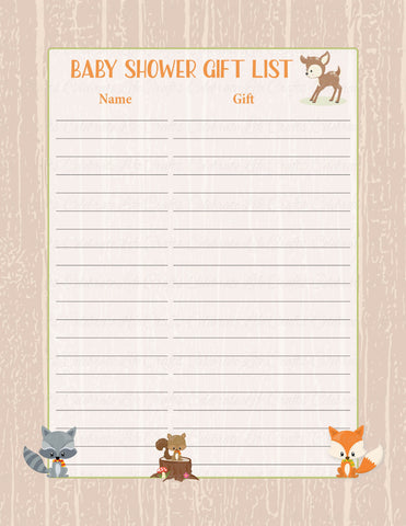 Baby Shower Gift List Forest Animals Woodland Baby Shower Theme