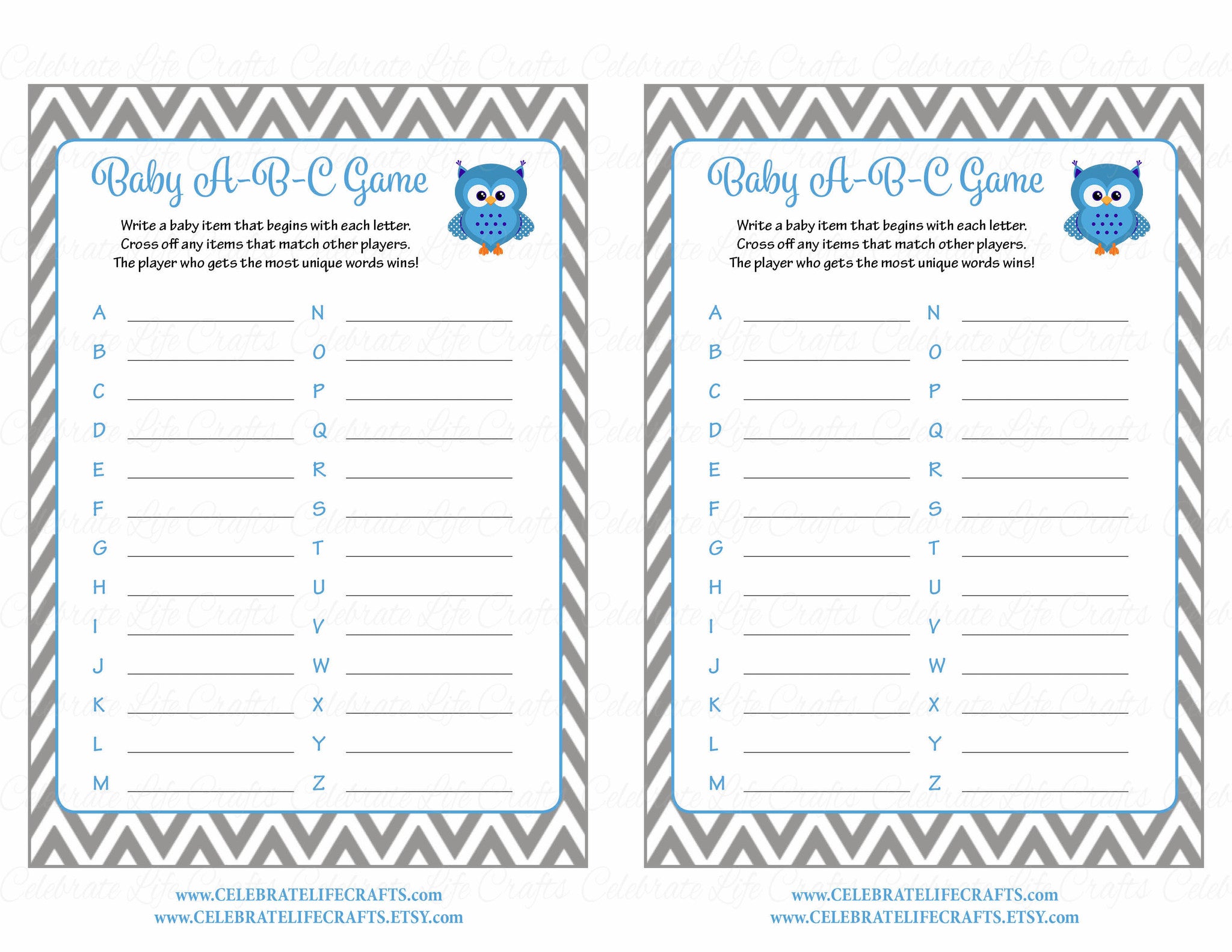 Baby ABC's Baby Shower Game - Owl Baby Shower Theme for Baby Boy - Blue
