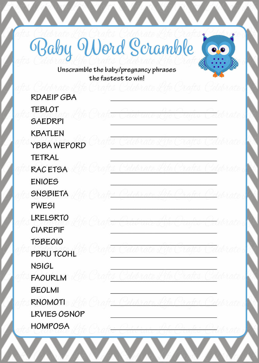 Word Scramble Baby Shower Game Owl Baby Shower Theme For Baby Boy