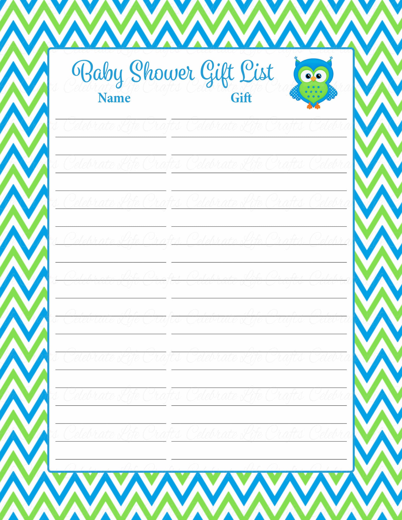 Baby Shower Gift List Set Printable Download Blue Green Baby