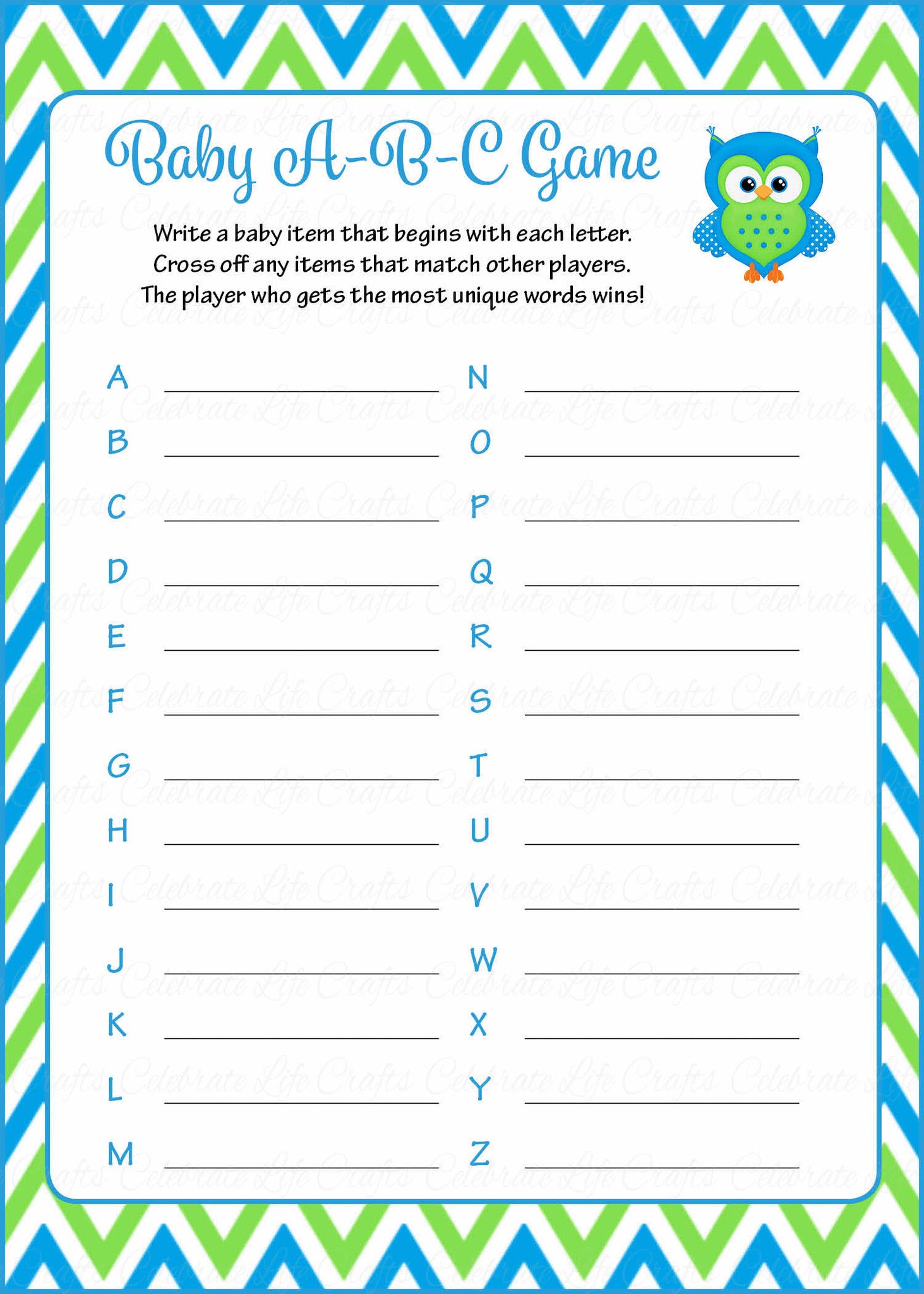Baby ABC's Baby Shower Game Owl Baby Shower Theme for