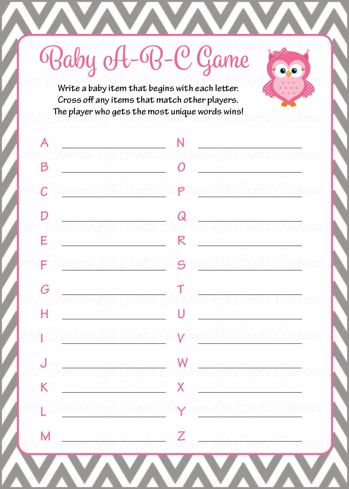 Baby ABC's Baby Shower Game Owl Baby Shower Theme for Baby Girl