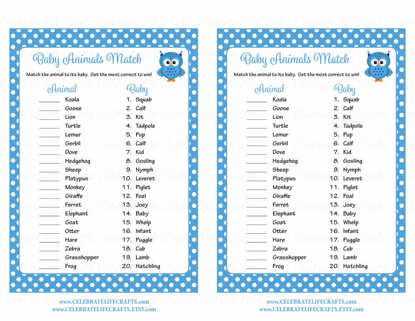 blue baby animal match game printable